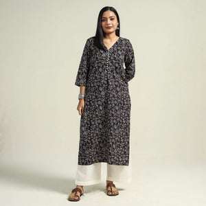 Black with Jaal - Ajrakh Hand Block Printed Cotton Straight Kurta