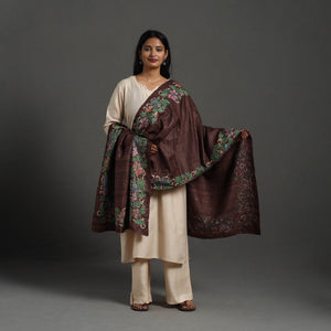 Brown - Handloom Matka Silk Bengal Kantha Work Stole 22