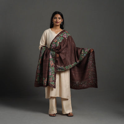 Brown - Handloom Matka Silk Bengal Kantha Work Stole 22