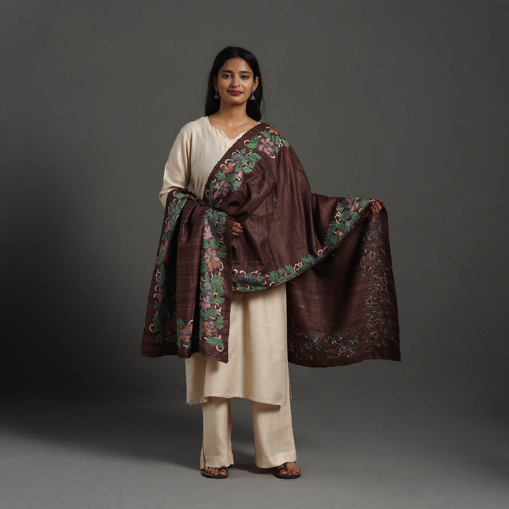 Brown - Handloom Matka Silk Bengal Kantha Work Stole 22