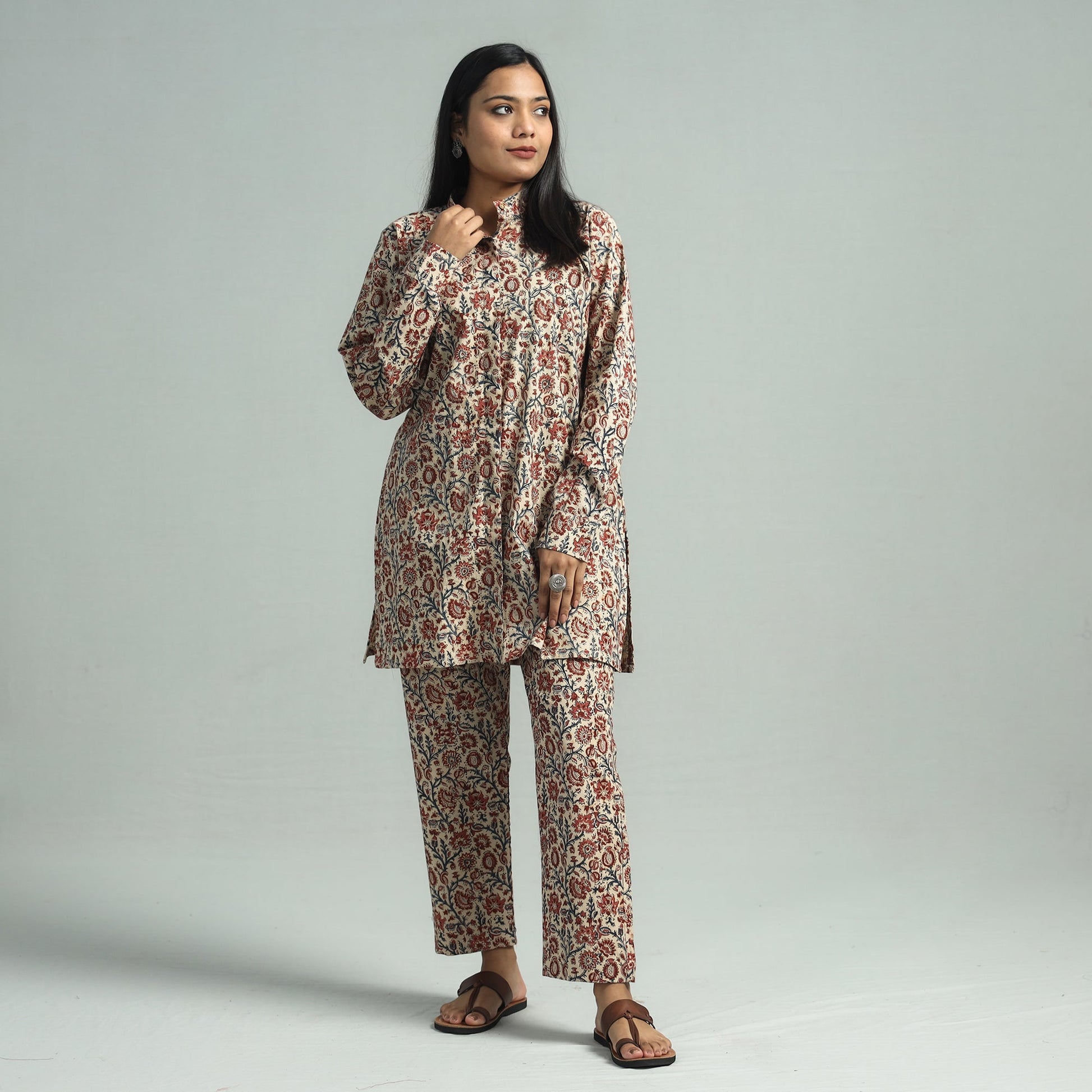 Beige - Pedana Kalamkari Block Printed Cotton Co-Ord Set