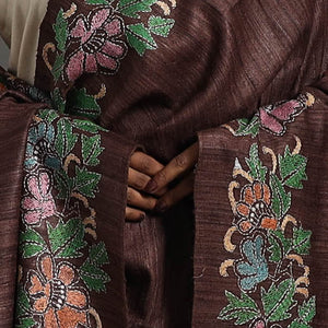 Brown - Handloom Matka Silk Bengal Kantha Work Stole 22