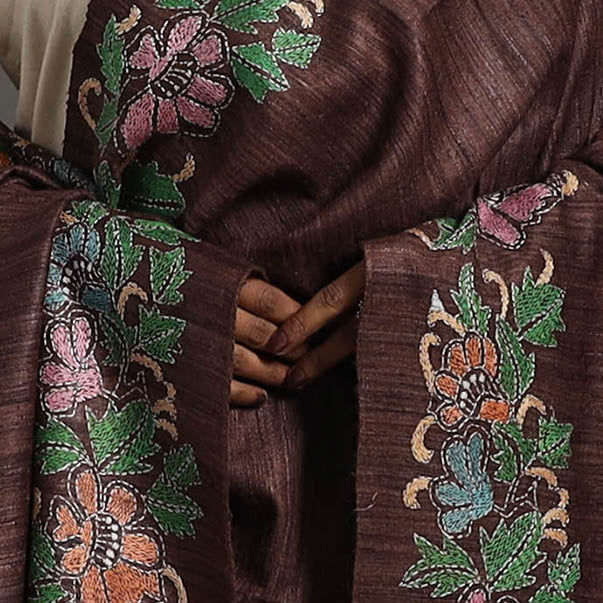 Brown - Handloom Matka Silk Bengal Kantha Work Stole 22