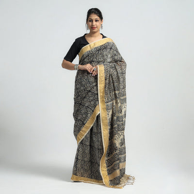 Black - Original Pedana Kalamkari Block Print Silk Saree