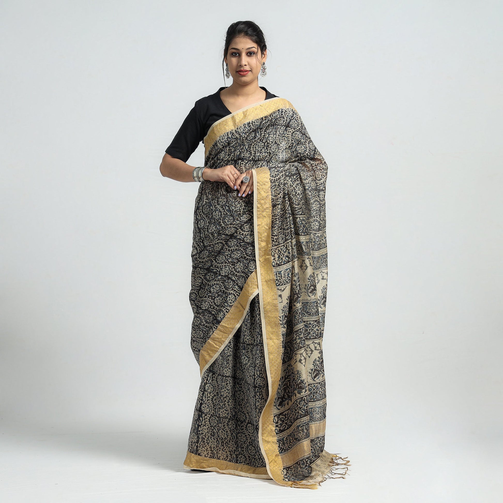 Black - Original Pedana Kalamkari Block Print Silk Saree