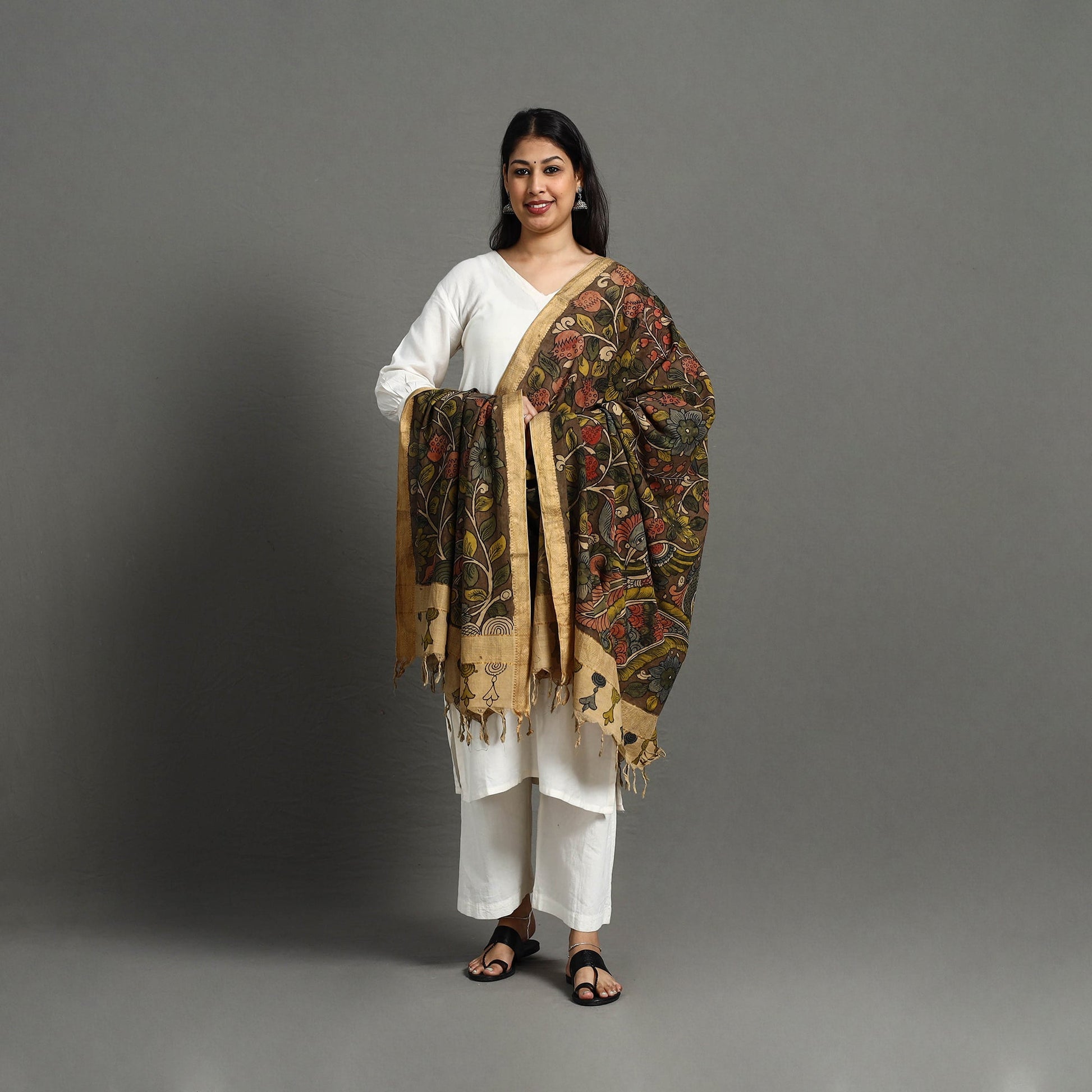 Brown - Mangalagiri Cotton Handpainted Pen Work Kalamkari Dupatta 20