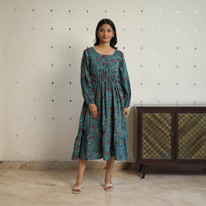 Blue - Block Printed Cotton Fit & Flare Jahota Dress 04