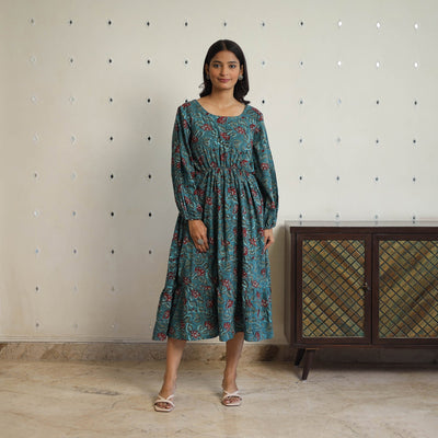 Blue - Block Printed Cotton Fit & Flare Jahota Dress 04