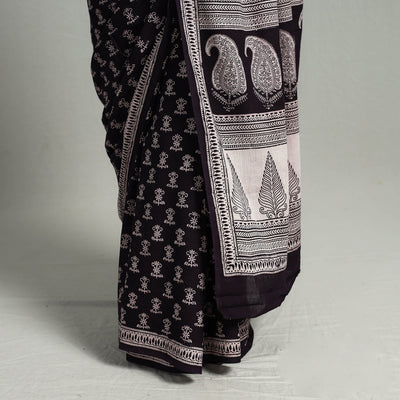 Black - Natural Dyed Bagh Print Cotton Saree with Blouse Piece 26