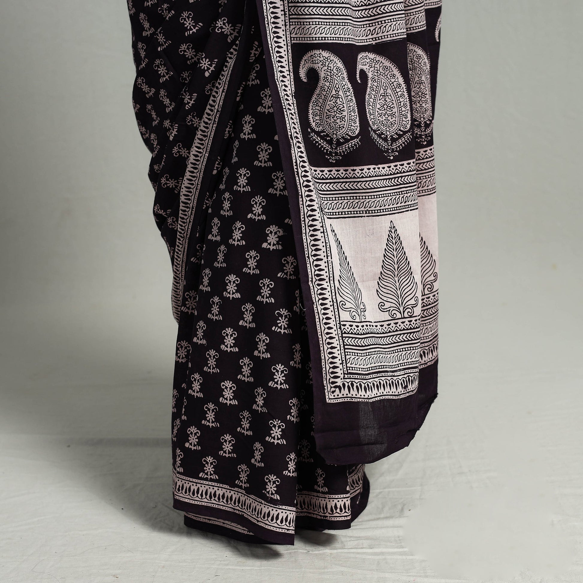 Black - Natural Dyed Bagh Print Cotton Saree with Blouse Piece 26