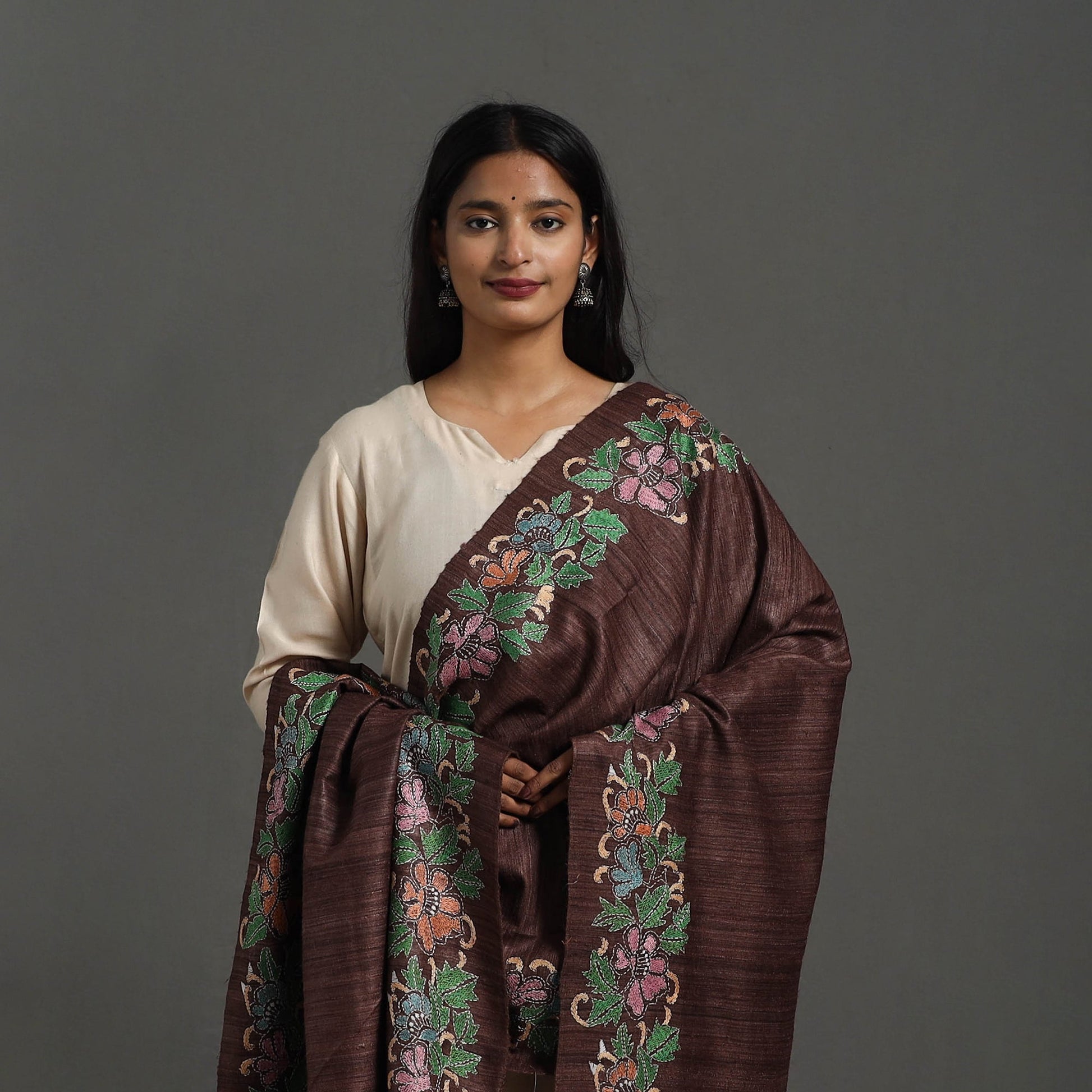 Brown - Handloom Matka Silk Bengal Kantha Work Stole 22