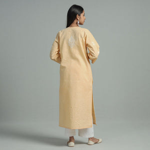Beige Chikankari Hand Embroidered Cotton Long Kurta