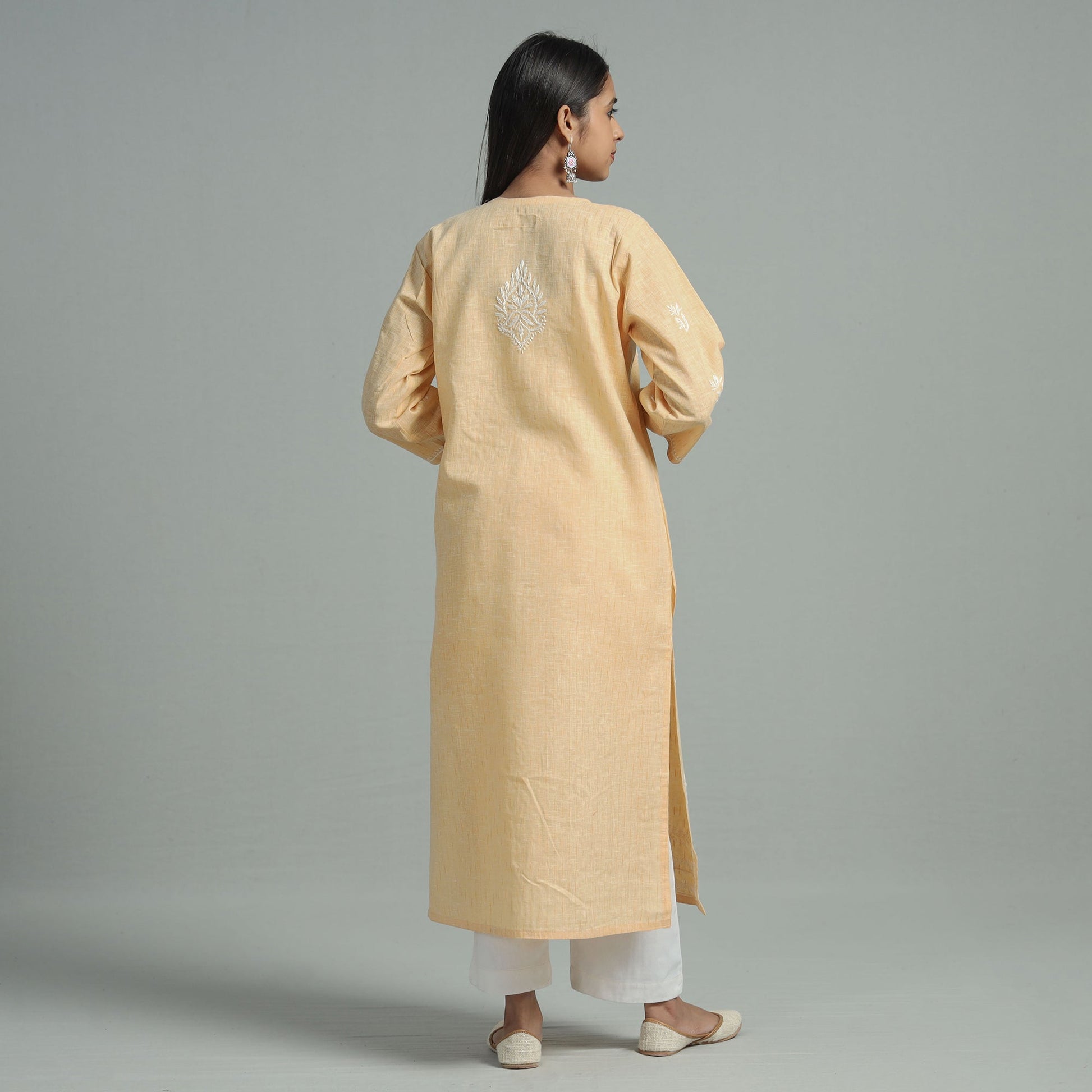 Beige Chikankari Hand Embroidered Cotton Long Kurta