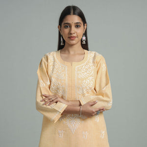 Beige Chikankari Hand Embroidered Cotton Long Kurta