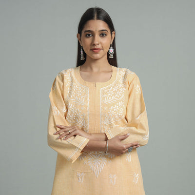 Beige Chikankari Hand Embroidered Cotton Long Kurta