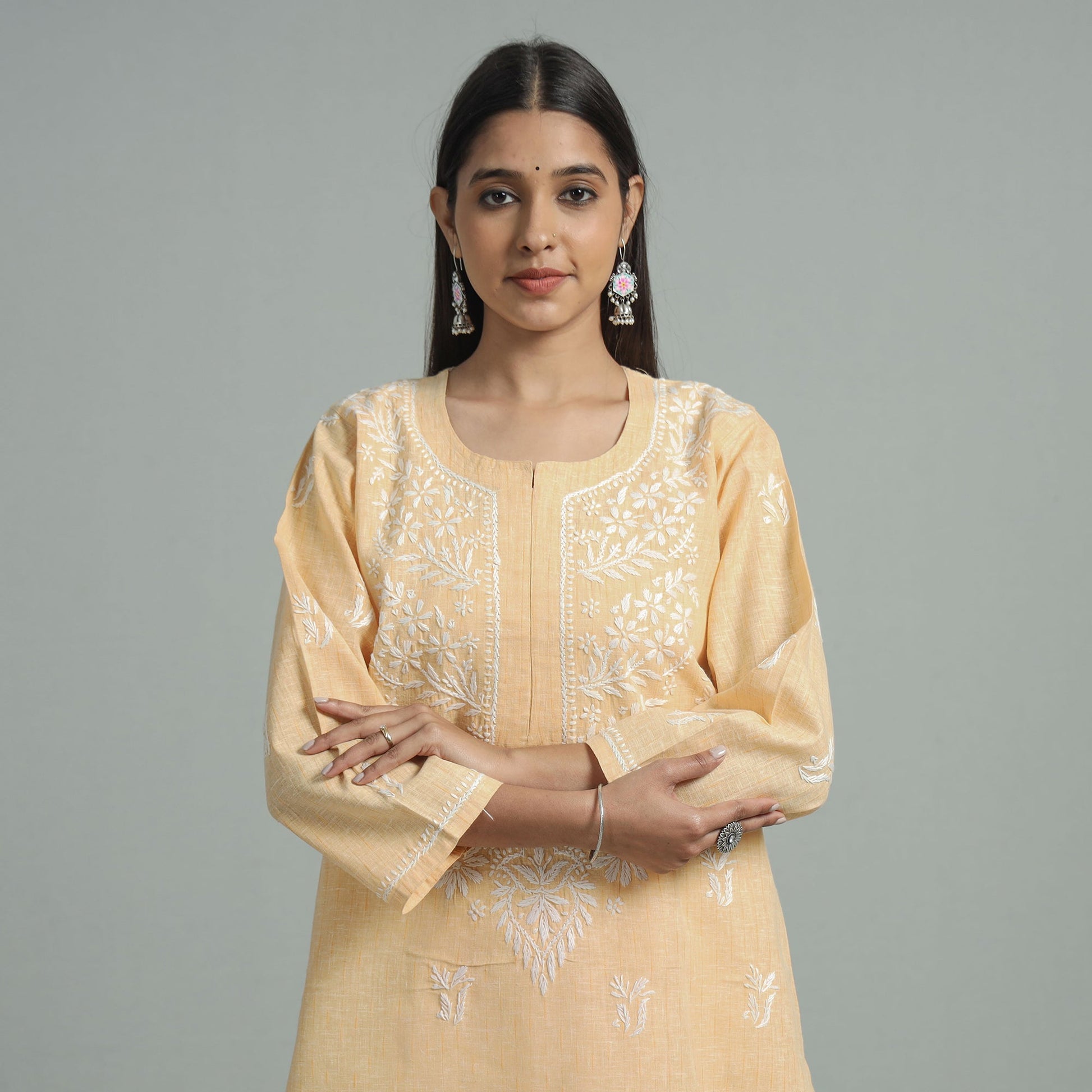 Beige Chikankari Hand Embroidered Cotton Long Kurta