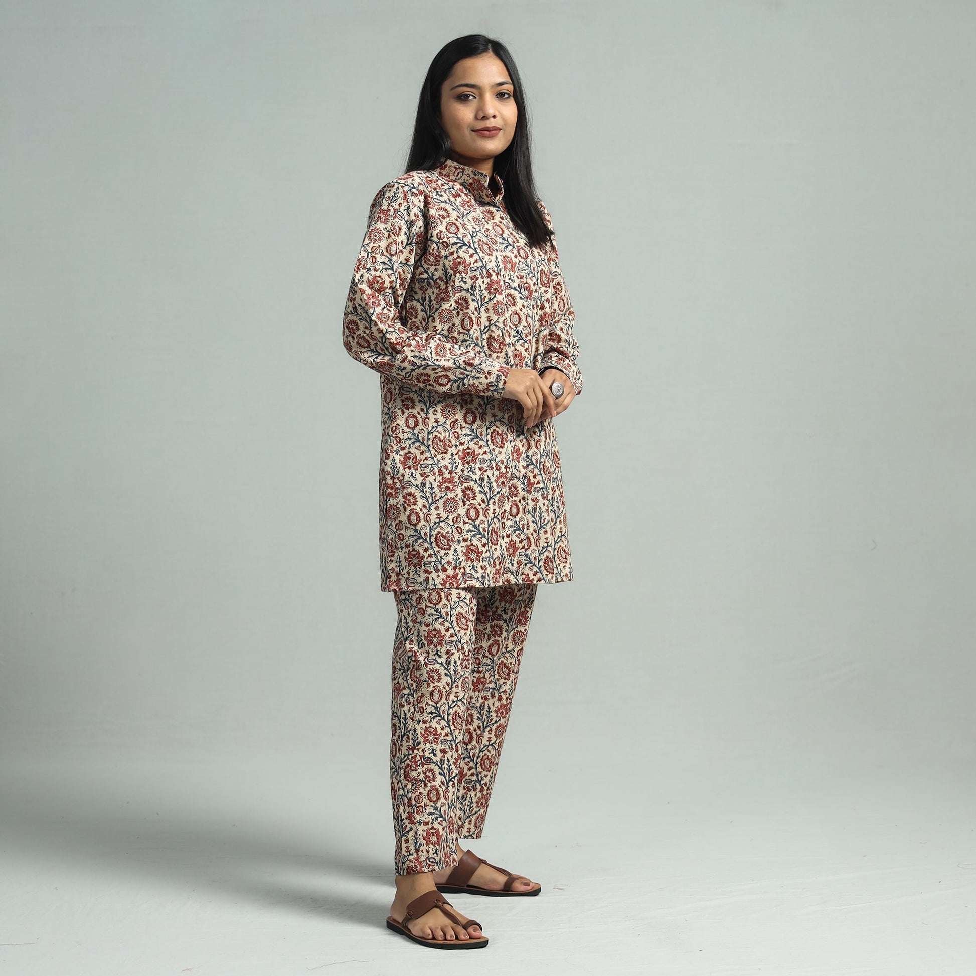 Beige - Pedana Kalamkari Block Printed Cotton Co-Ord Set