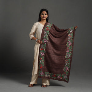 Brown - Handloom Matka Silk Bengal Kantha Work Stole 23