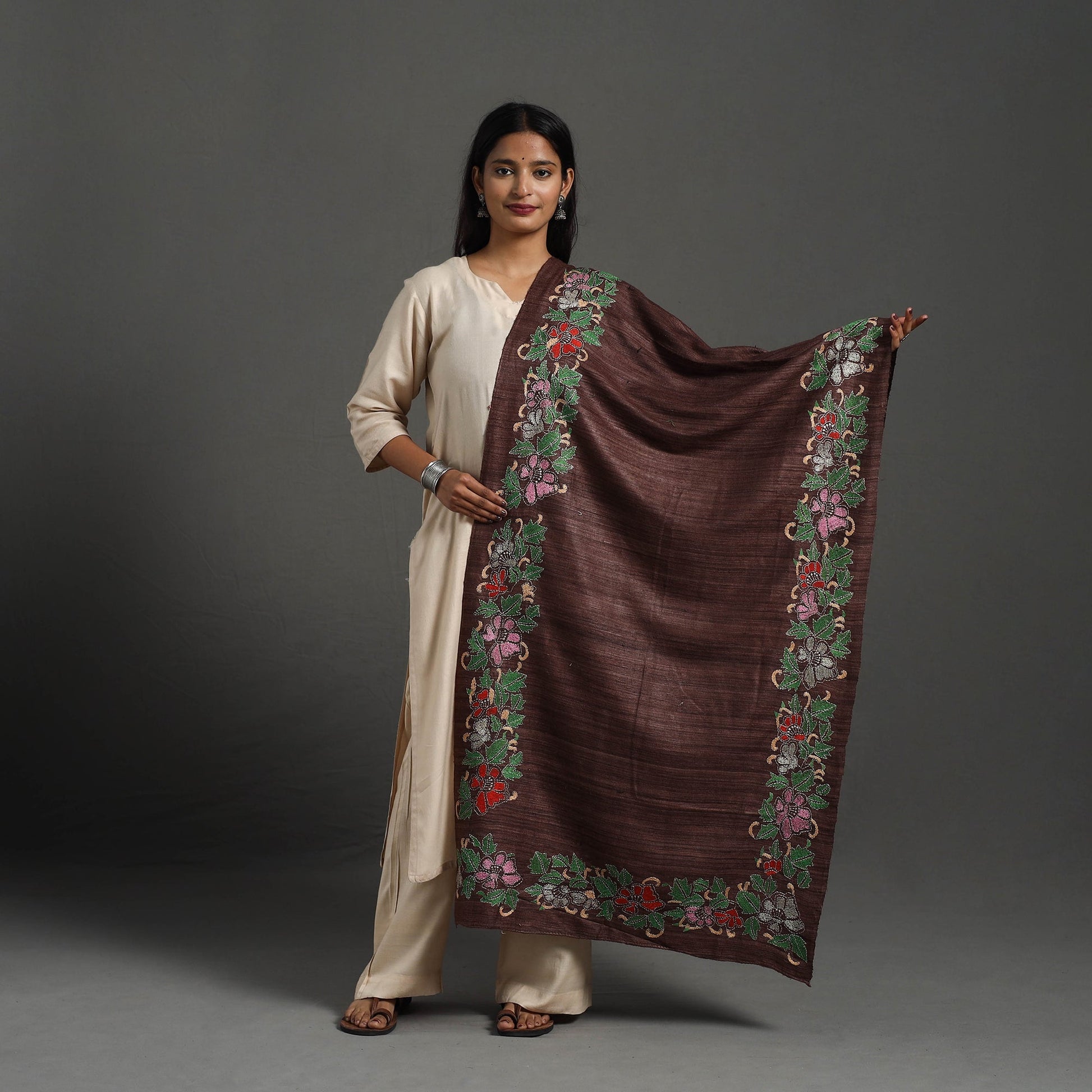 Brown - Handloom Matka Silk Bengal Kantha Work Stole 23