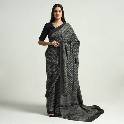 Black - Block Printed Cotton Ajrakh Saree