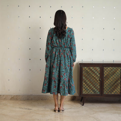Blue - Block Printed Cotton Fit & Flare Jahota Dress 04