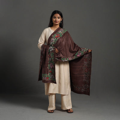 Brown - Handloom Matka Silk Bengal Kantha Work Stole 23