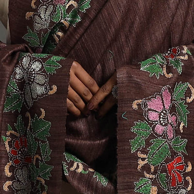 Brown - Handloom Matka Silk Bengal Kantha Work Stole 23