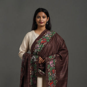 Brown - Handloom Matka Silk Bengal Kantha Work Stole 23