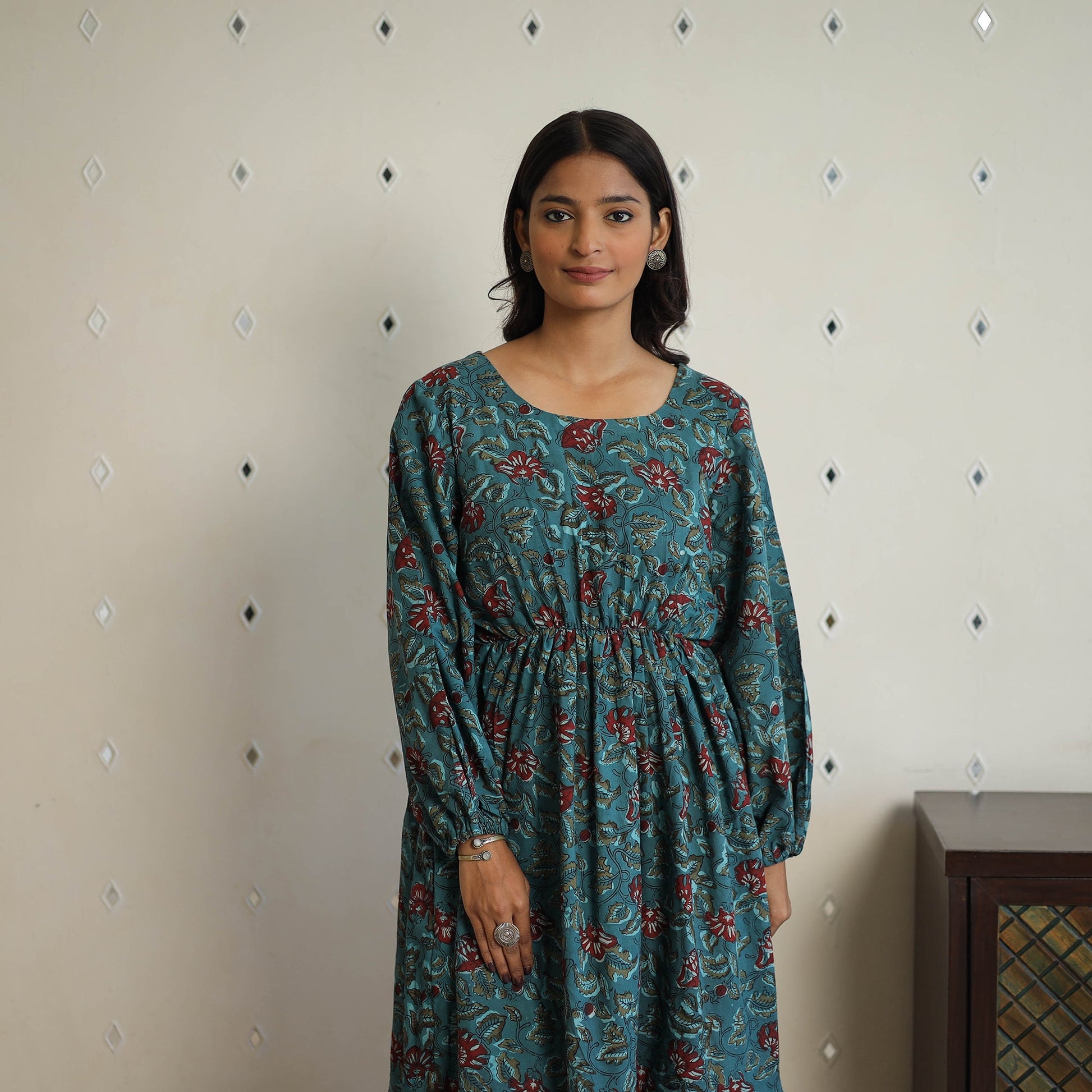 Blue - Block Printed Cotton Fit & Flare Jahota Dress 04