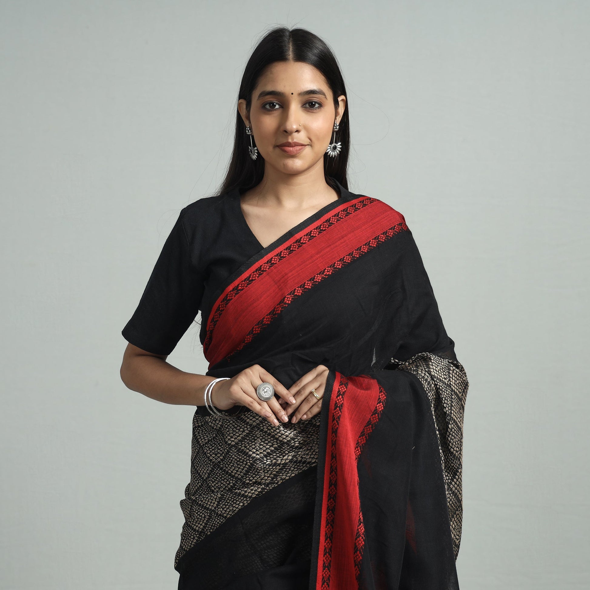Black - Handloom Cotton Phulia Bengal Jamdani Saree
