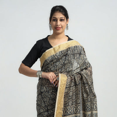 Black - Original Pedana Kalamkari Block Print Silk Saree