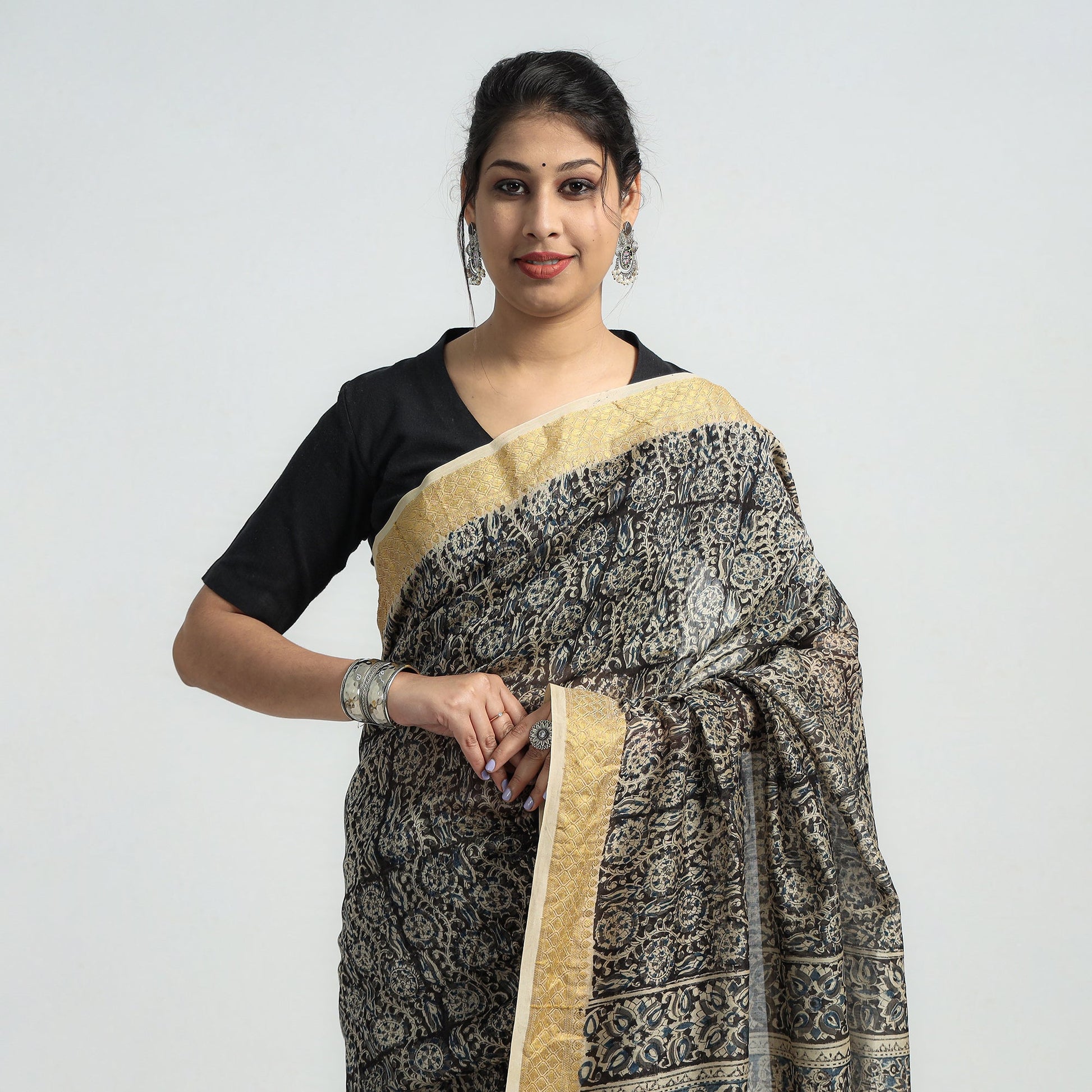 Black - Original Pedana Kalamkari Block Print Silk Saree