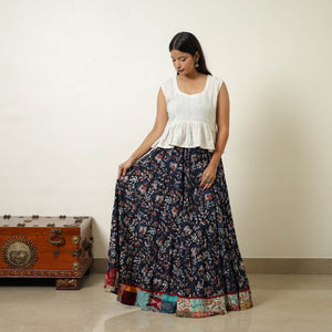 Blue - Hand Block Printed Cotton Long Bagru Skirt 12