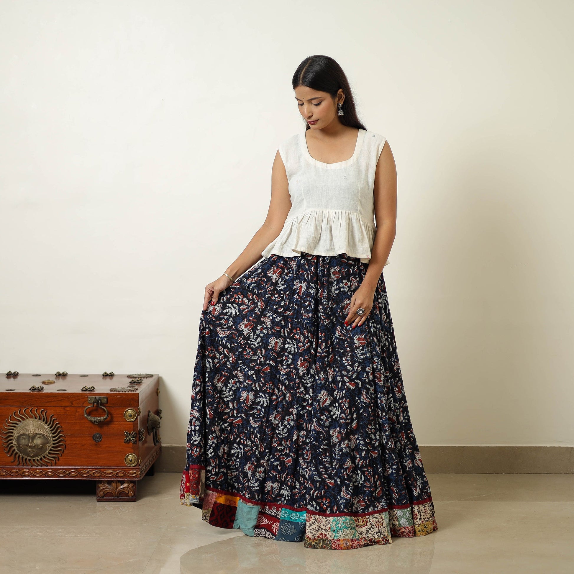 Blue - Hand Block Printed Cotton Long Bagru Skirt 12