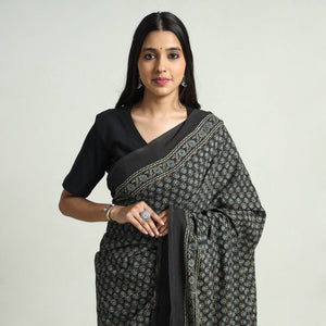 Black - Block Printed Cotton Ajrakh Saree