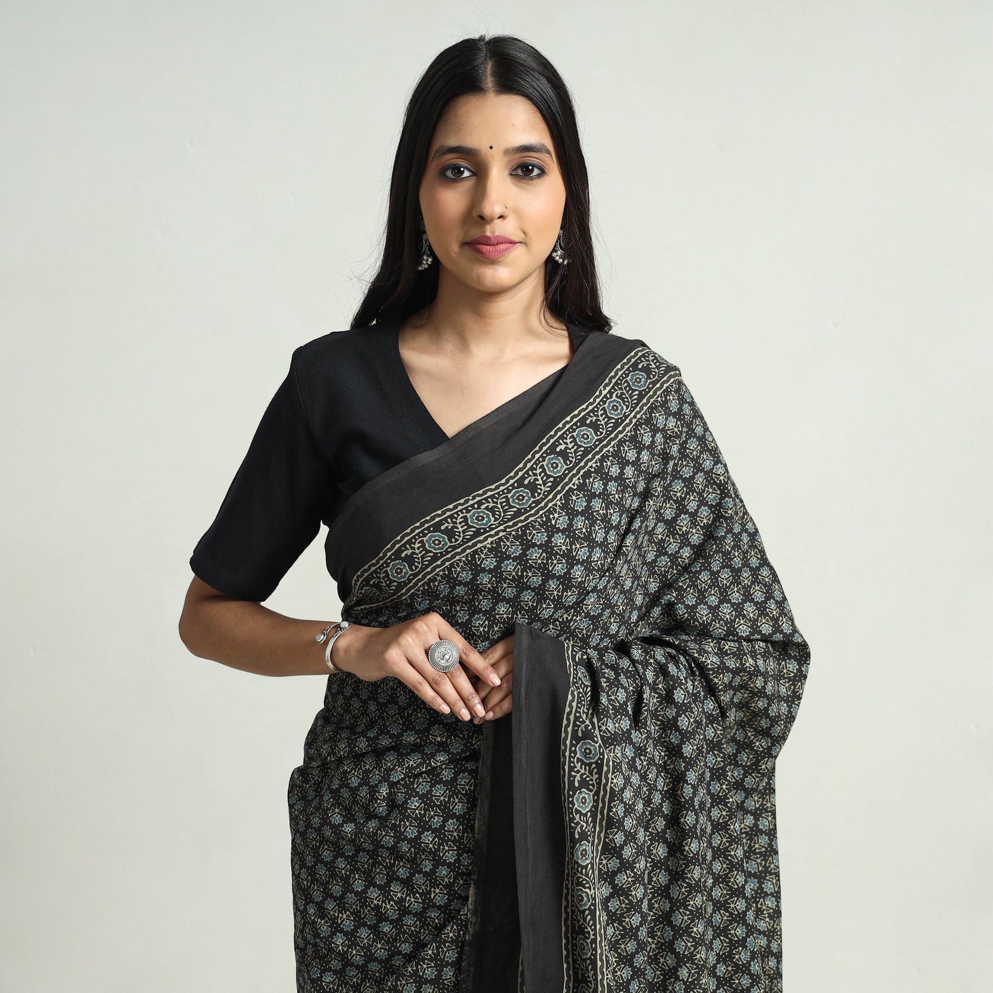 Black - Block Printed Cotton Ajrakh Saree