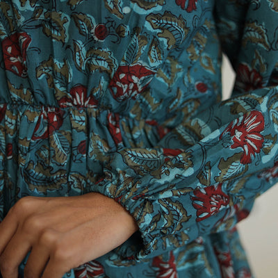 Blue - Block Printed Cotton Fit & Flare Jahota Dress 04