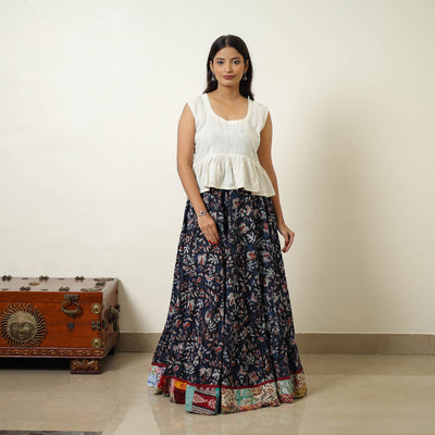Blue - Hand Block Printed Cotton Long Bagru Skirt 12