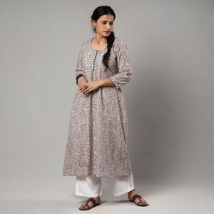 Beige - White & Black - Block Print Cotton A-Line Bagh Kurta