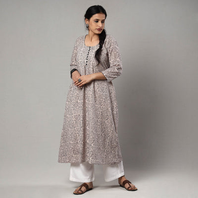Beige - White & Black - Block Print Cotton A-Line Bagh Kurta