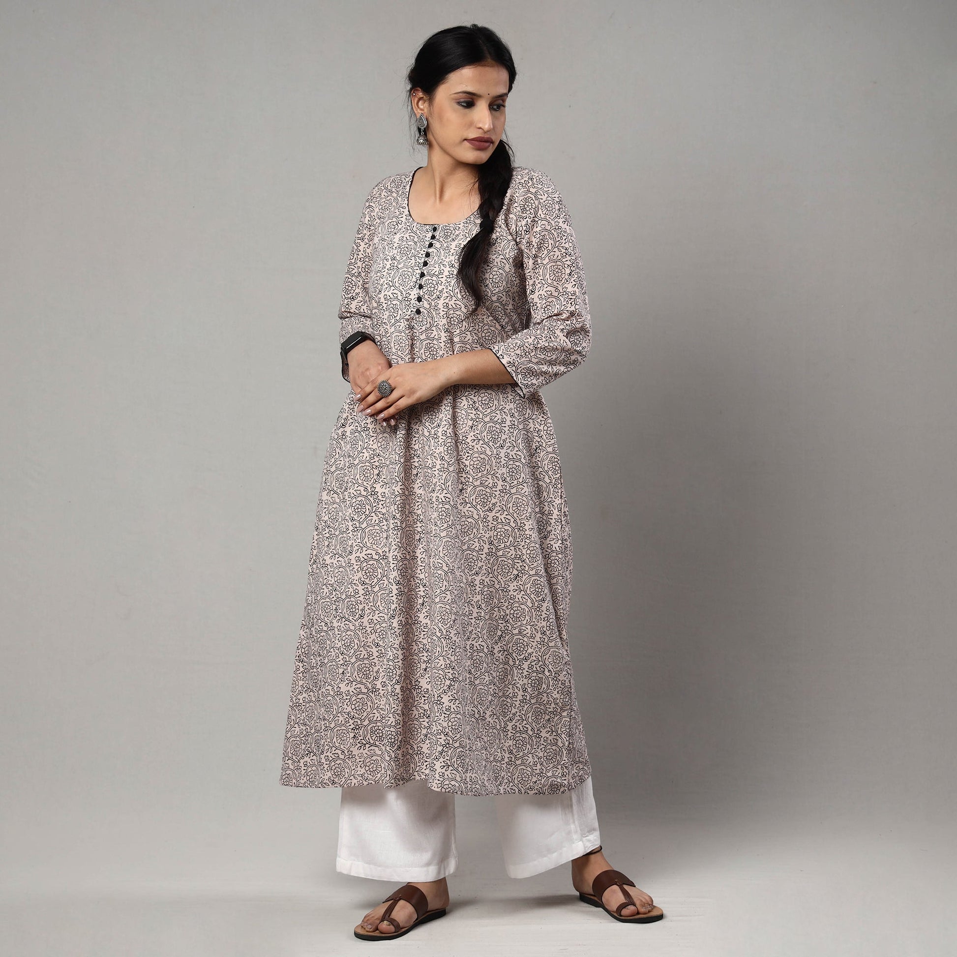 Beige - White & Black - Block Print Cotton A-Line Bagh Kurta