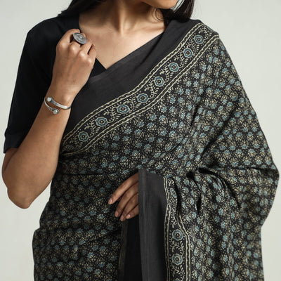 Black - Block Printed Cotton Ajrakh Saree