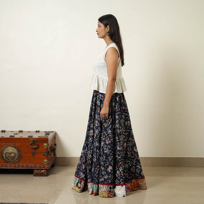 Blue - Hand Block Printed Cotton Long Bagru Skirt 12