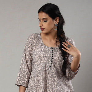 Beige - White & Black - Block Print Cotton A-Line Bagh Kurta