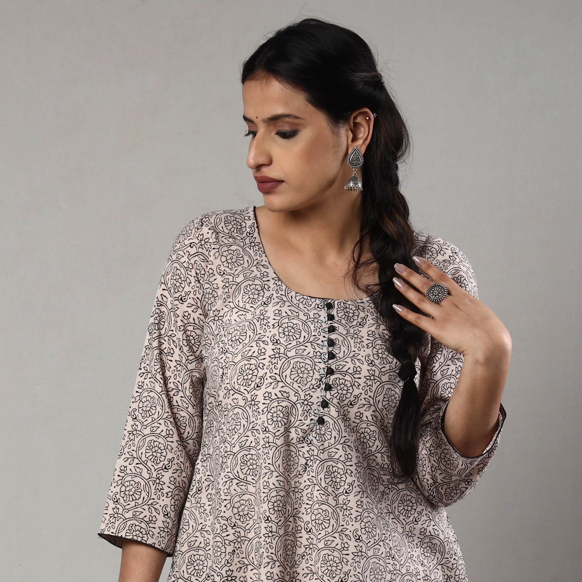 Beige - White & Black - Block Print Cotton A-Line Bagh Kurta