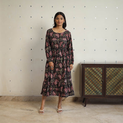 Black - Block Printed Cotton Fit & Flare Jahota Dress 02