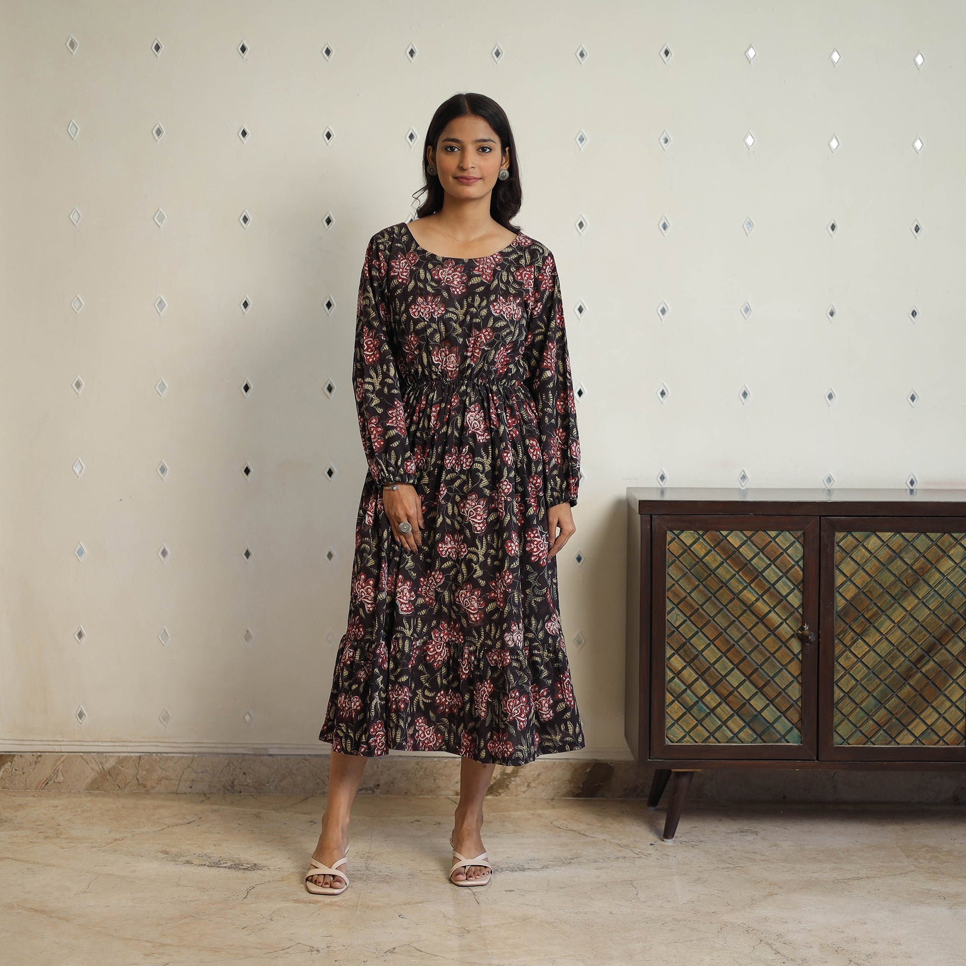 Black - Block Printed Cotton Fit & Flare Jahota Dress 02