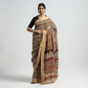 Brown - Original Pedana Kalamkari Block Print Silk Saree