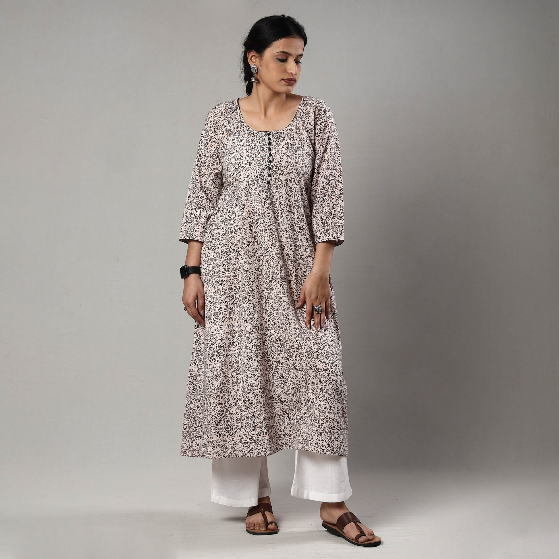 Beige - White & Black - Block Print Cotton A-Line Bagh Kurta
