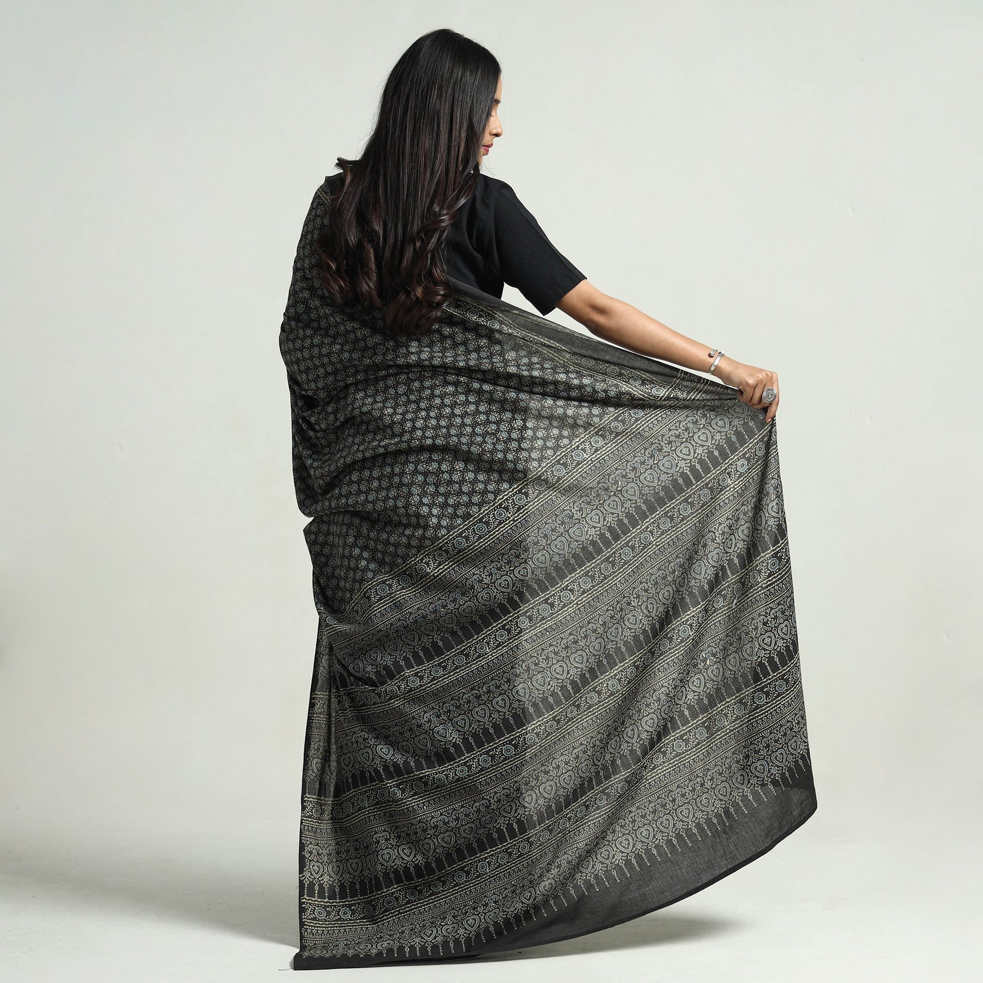 Black - Block Printed Cotton Ajrakh Saree